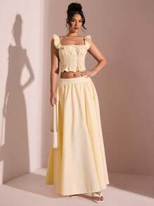 SHEIN BAE 夏季海边度假女士纯色浅黄色马卡龙浅色低腰长裙，适合派对、鸡尾酒会、正式场合、浪漫约会、婚礼伴娘、夜间外出、度假裙、优雅、女士海滩装/海滩、婚礼宾客裙女士/新娘送礼会裙白色 - 黃色 - 查看 7