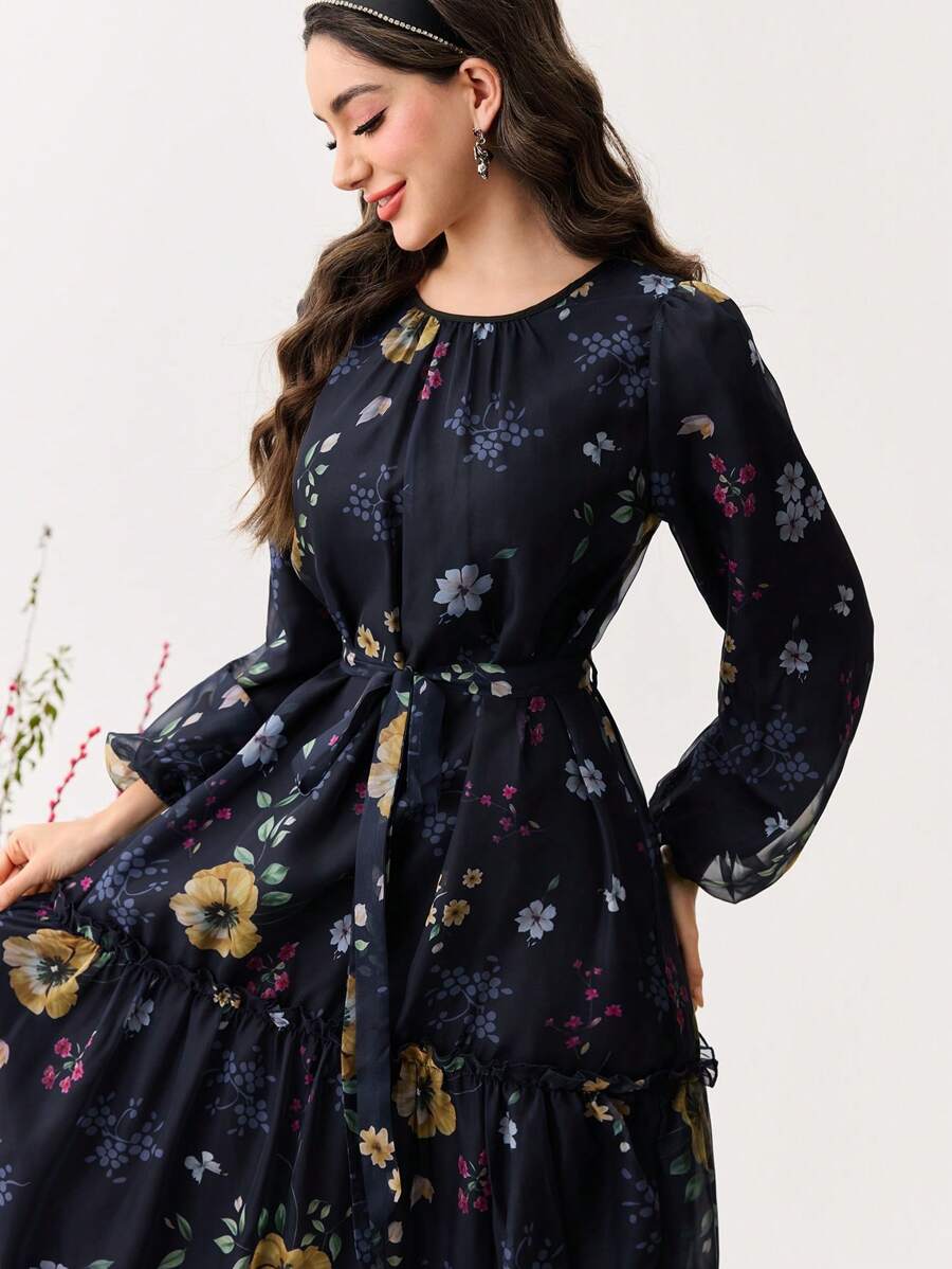 Modelyn 女式花卉印花雪纺系腰长裙，优雅春夏季