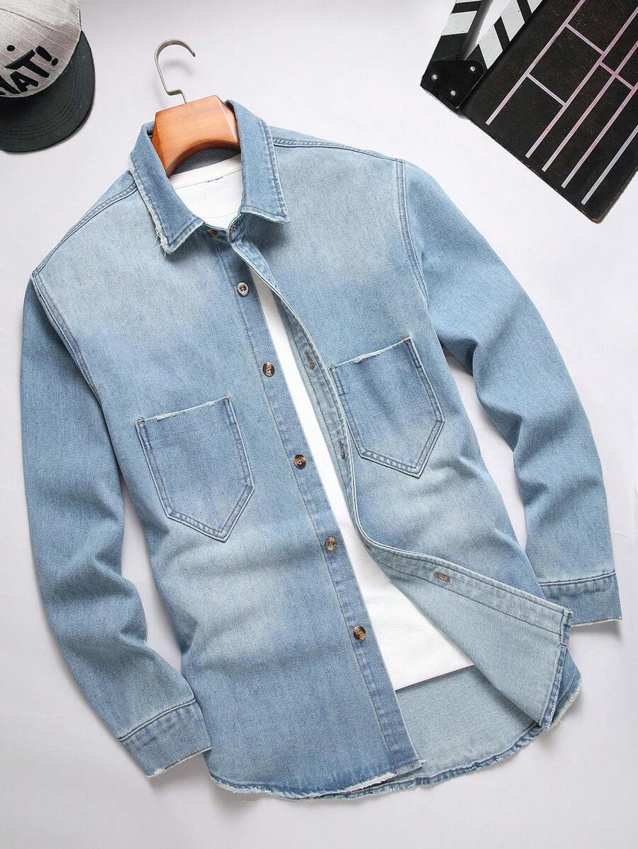 Manfinity Homme Men's Casual Washed Long Sleeve Denim Shirt - Blue - View 1