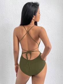 SHEIN EZwear Olive Green Knitted Backless Bodysuit - Army Green - View 8