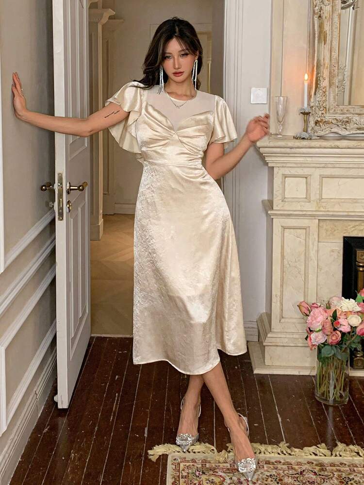 Sheer Mesh Patchwork Spring Party Midi Dress For Women, Suitable For Valentine's Day Prom Dress Sundress,Formal Women Dresses