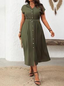Vionelle 大码女式春夏法式优雅通勤休闲 V 领收腰连衣裙，配银色 D 型扣腰带和金属纽扣 A 字裙 - 軍綠色 - 查看 3