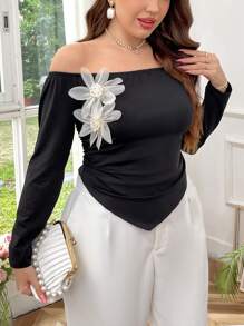 SHEIN Privé Camisa de manga larga con estampado floral, de corte largo, ajuste estirado y borde fruncido asimétrico, para uso diario, elegante y casual para mujer de talla grande. Adecuada para ir al trabajo, citas y fiestas. - Negro - Ver 6