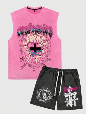 Street Life Men's Heart & Cross Washed Vintage Printed Vest Set, Streetwear Style
