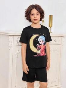 2pcs Tween Boy Casual Retro Printed T-Shirt And Shorts Set, Daily Wear - Black - View 5