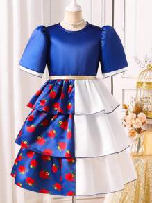 Tween Girl Elegant Blue And White Flower Splicing Dress,Summer Ruffled Trim Contrast Color Plaid Print Party Dress,Comfortable Soft Fabric For School - Black and White - View 6