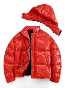 Manfinity RebelGame Chaqueta con capucha casual de unicolor con cremallera brillante, estilo collar, invierno para hombre