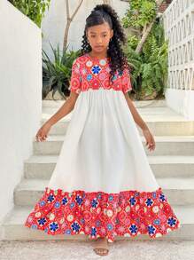 Tween Girls' Vacation Casual Ditsy Floral Patchwork Round Neck Short Sleeve Dress - Multicolor - View 1