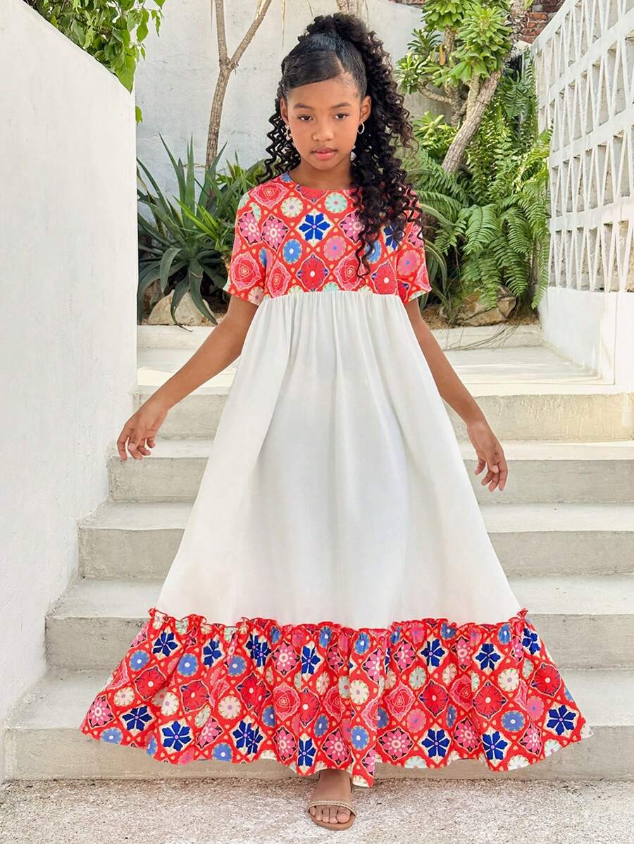 Tween Girls' Vacation Casual Ditsy Floral Patchwork Round Neck Short Sleeve Dress - Multicolor - View 1