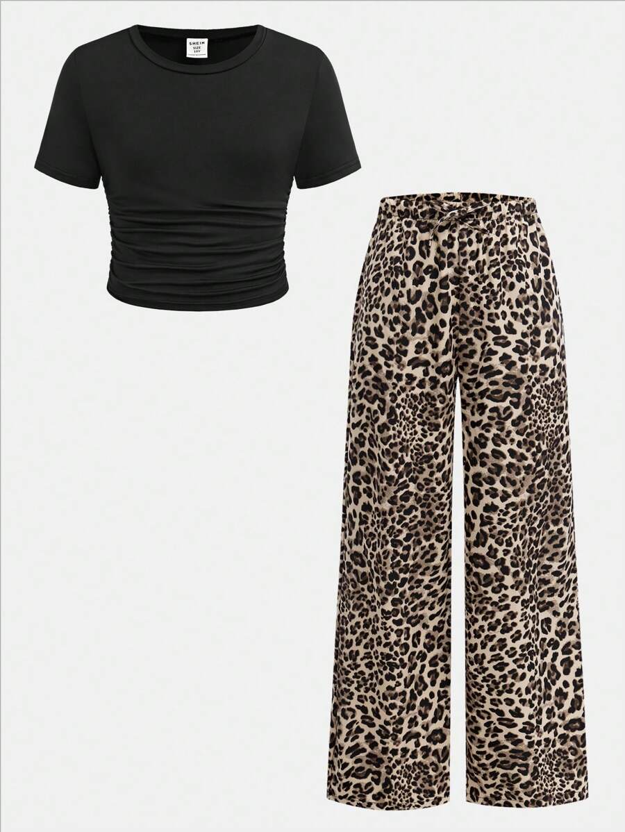 SHEIN Girlism Tween Girl Solid Knit Crew Neck Short Sleeve Top And Leopard Print Wide Leg Pants Set - Black - View 1