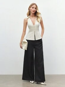 BizChic 女士白色翻领无袖上衣，现代优雅都市通勤日常百搭90年代复古风，适合圣诞节、新年、情人节、派对、海滩、毕业典礼、时尚、节日、假日、婚礼宾客、早午餐、机场等多种场合。 - 杏色 - 查看 2