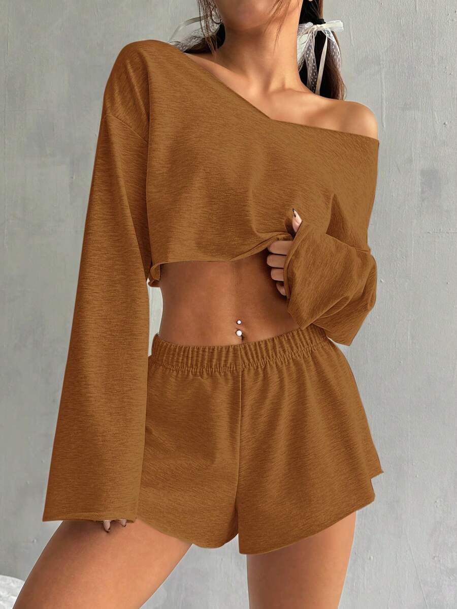 Bộ 2 món áo dài tay tối giản và quần short thường ngày cho bé gái tuổi teen, bộ đồ hai mảnh - màu nâu - Xem 1