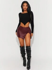 SHEIN SXY Casual Chestnut Red Fashionable Split Hem PU Skirt, Sexy Split Design Mid-Length Women Skirt - Redwood - View 5