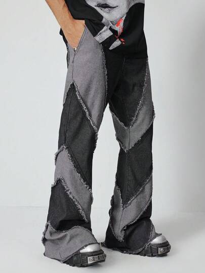 Grunge Punk Jeans en denim patchwork avec blocs de couleur, poches et ourlet à franges pour hommes