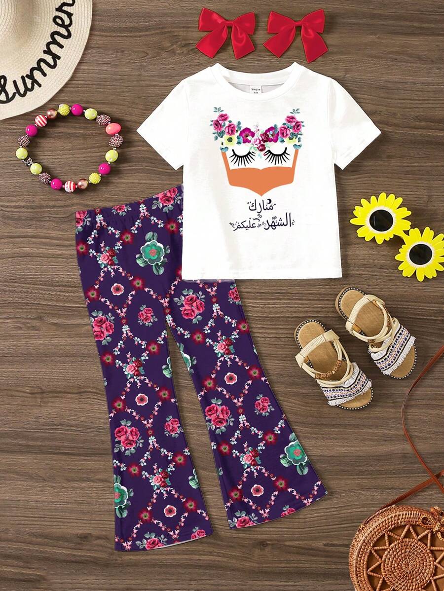 SHEIN Leap Crew 2pcs/Set Young Girl Cute Octopus & Rose Pattern Casual Cartoon Print Round Neck Short Sleeve Top And Flare Pants, Suitable For Spring & Summer - Multicolor - View 1