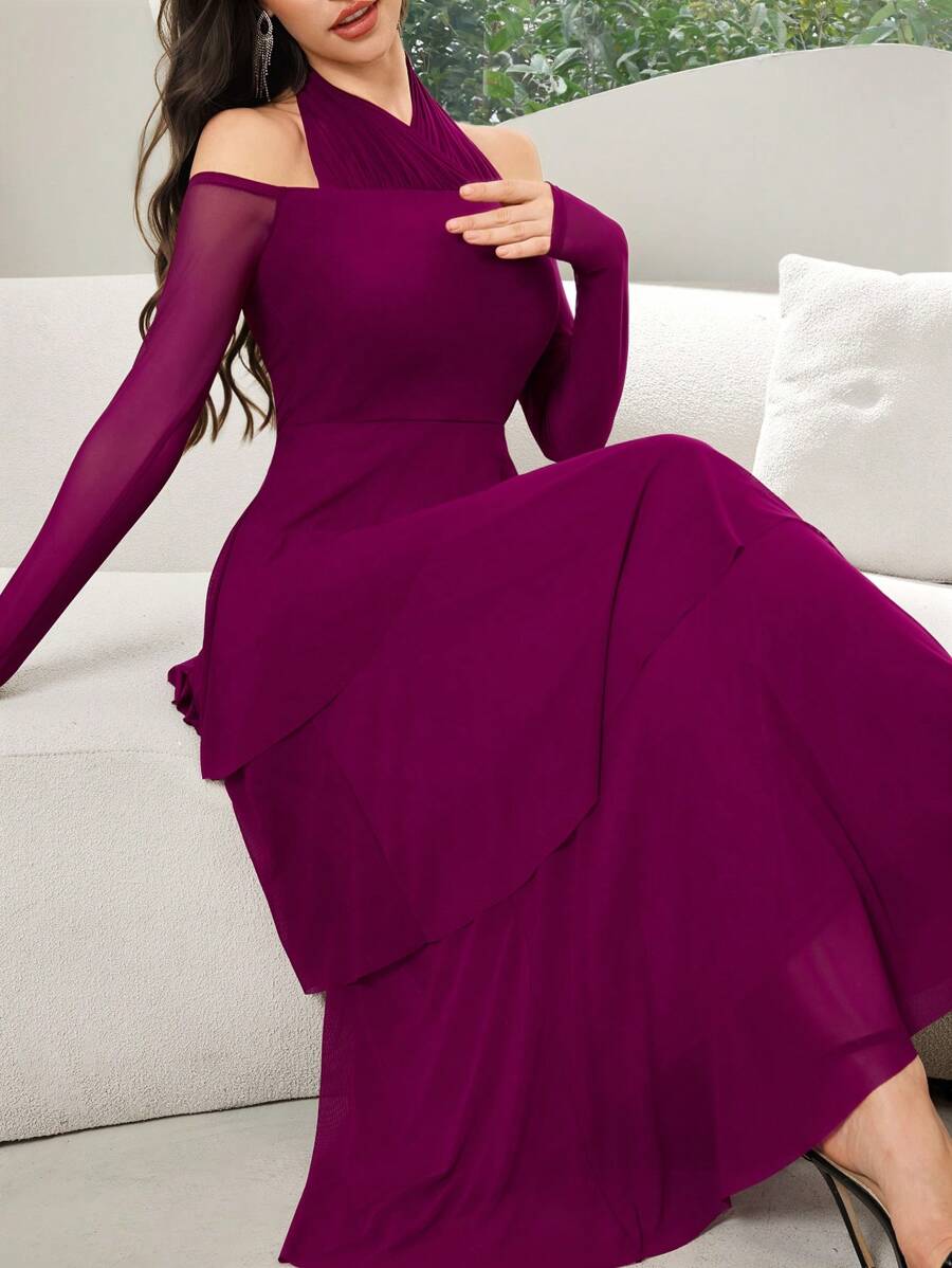 Modelyn Women's Solid Color Ruffle Long Sleeve Ruffle Hem Elegant Dress - Red Violet - View 1