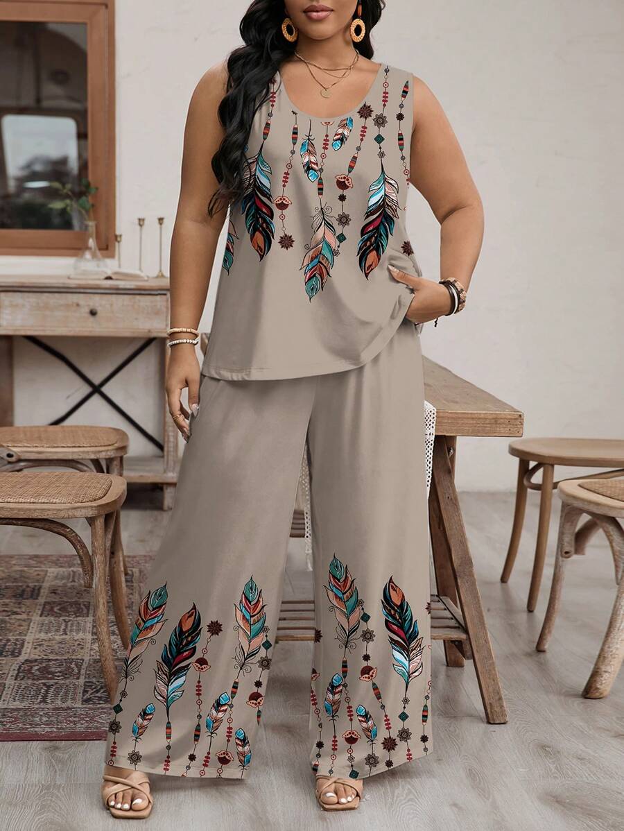 EMERY ROSE 2pcs Plus Size Women Summer Sleeveless Crew Neck Set,Holiday Outfits Boho Suitable For Going Out Fall Clothes,Spring/Vacation - Khaki - View 1