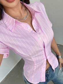 Flirla Pink Striped Slim Fit Casual Women Short Sleeve Blouse - Pink - View 3