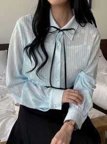 DAZY Texturierte Stoff-Schleifen-Krawatte Langarm Bluse, für Frauen, Frühling & Sommer