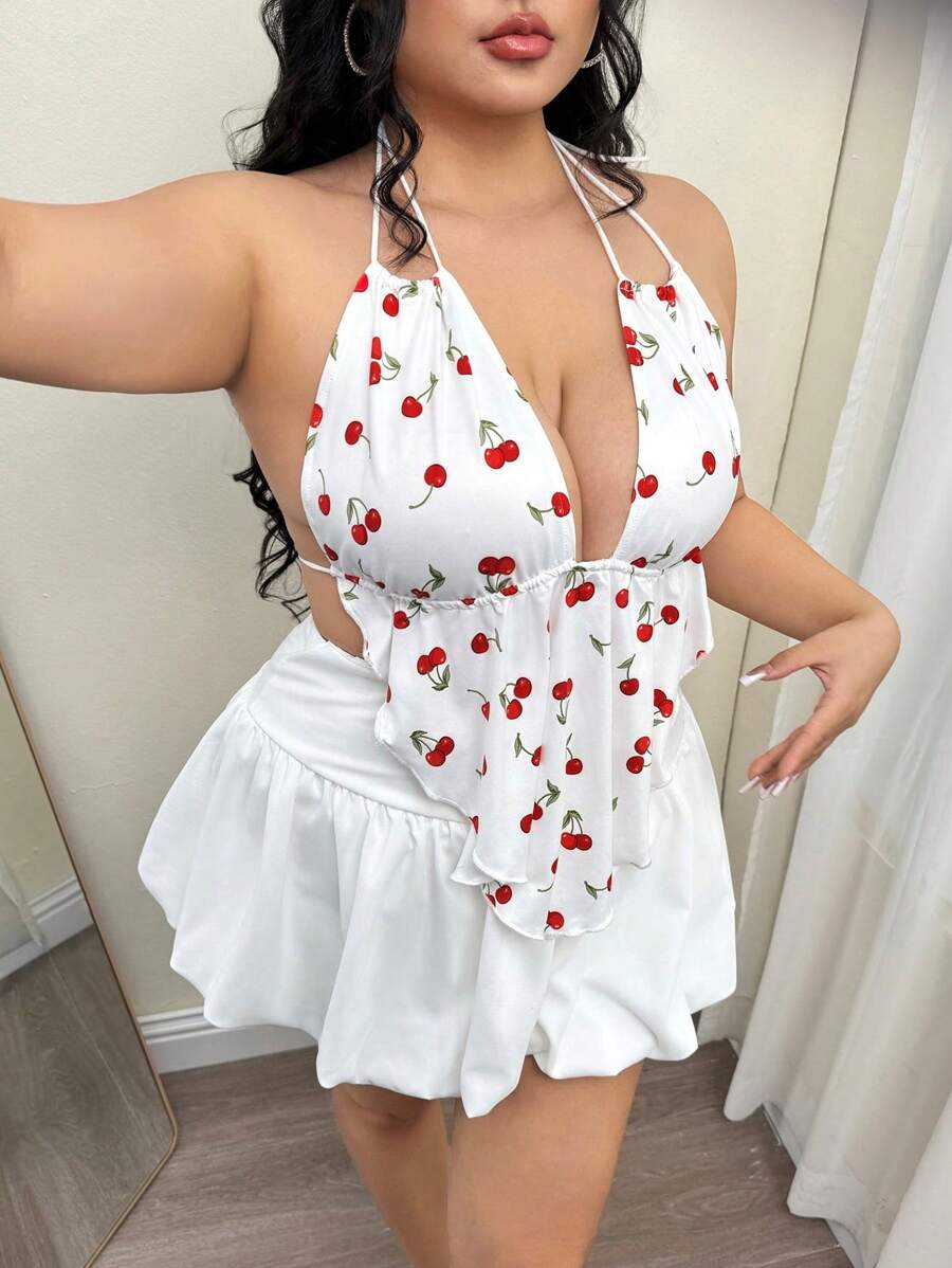 SHEIN ICON Blusa de talla grande con estampado de cerezas, con cuello halter y espalda descubierta