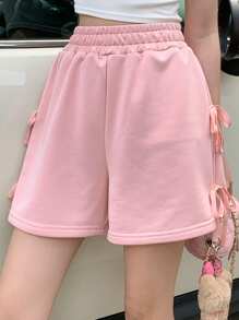DAZY Pantalones cortos sueltos de mujer casuales de unicolor con lazo en la cintura