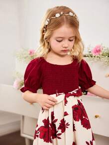 SHEIN Fern Glow  Young Girl Floral Print Sleeveless Dress, Adorable Vacation Style - Burgundy - View 3