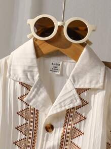 SHEIN Playful Pals Baby Boys Geometric Pattern Patchwork Collar Short Sleeve Shirt & Shorts 2 Pieces Set - Apricot - View 3