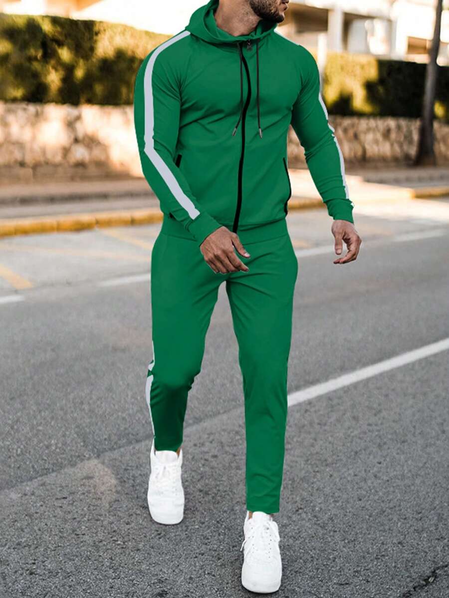 Manfinity Sport Streetwear Men 2 Pieces Set Solid Color Zipper Front Long Sleeve Top And Pants Gym Set Workout Set - Green - View 1