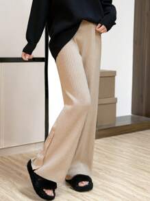 女士纯色松紧腰喇叭休闲针织裤