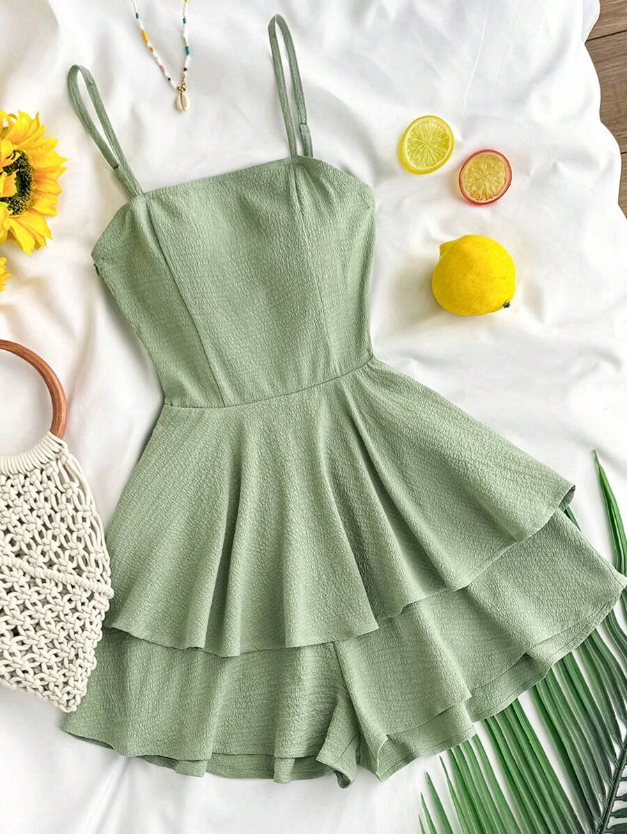 SHEIN Teen Girls' Green Textured Bubble Chiffon Layered Ruffled Cinched Waist Romper Jumpsuit, Leisure Holiday Style, Spring Summer - Green - View 1