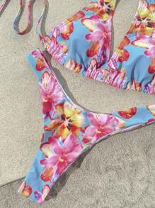 SHEIN VCAY Women's Halter Neck Tied Back Printed Bikini Top And Bottom Swimwear Set,Spring&Summer,Summer Outfits For Women,Vacation Outfits Woman,Beach Outfits For Woman,Spring Outfits For Women,Concert Outfit Women,Boho,Rave Outfits Festival,Festival Outfits For Women,Spring Break,Beach Vacation Outfits,Bathing Suit,Push Up Bikini - Blue - View 5