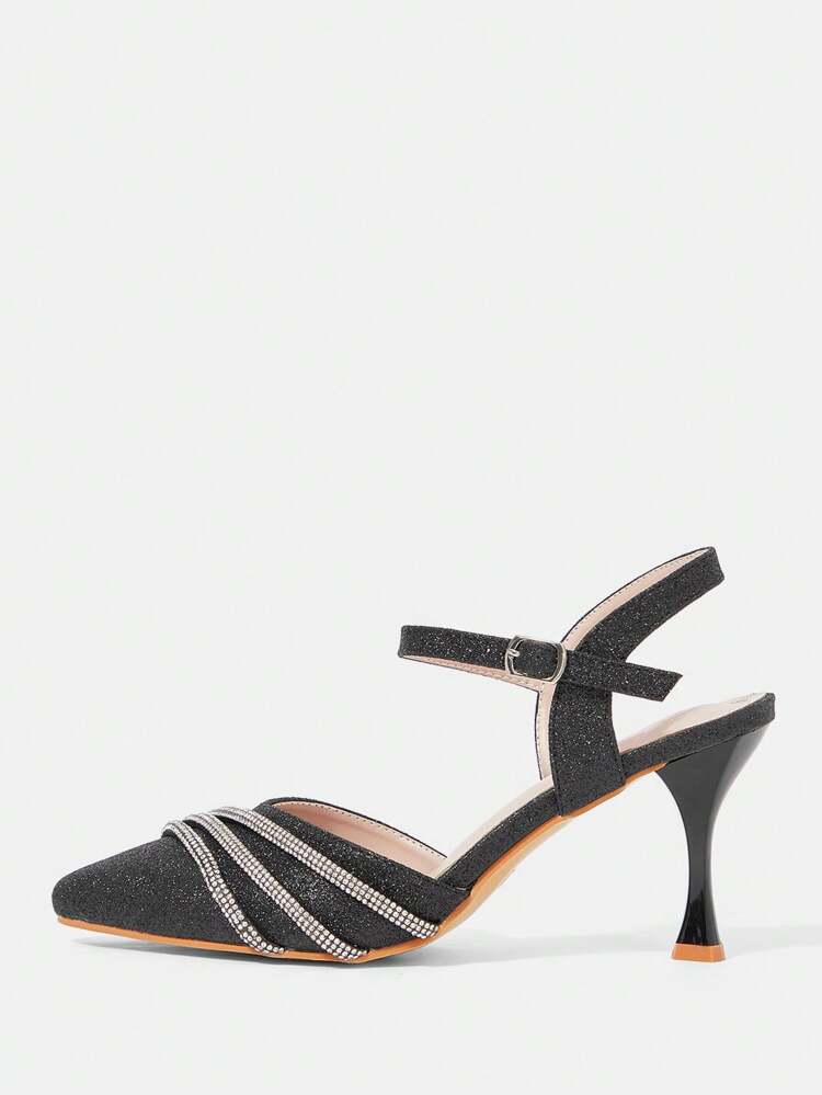 CUCCOO HITCHD Women Rhinestone Strap Black High Heel Pumps, Elegant For Commute, Dating, Wedding, Office, Formal Occasions Spring Shoes