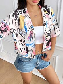 Muchica Blusa/camisa de mujer de manga corta con cuello, hombros caídos y corte cropped con estampado gráfico y botones - Multicolor - Ver 1