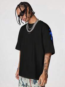 AXEPEAK 男士英伦印花宽松圆领短袖 T 恤，适合夏季，街头潮流必备，Emo，2000 年代风格 - 黑色 - 查看 3