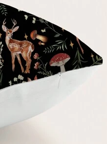 ROMWE Fairycore 1 件手绘可爱鹿与花卉图案枕套，天鹅绒印花方形靠垫套，适用于客厅、卧室、家居装饰、沙发、汽车、所有季节 - 彩色 - 查看 2