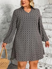 SHEIN CURVE+ Plus Size Casual Random Print Dress, Plus Size - Black and White - View 3