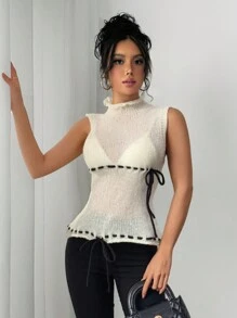 SHEIN Unity 女士百搭吊带背心上衣，简约优雅针织背心衬衫，百搭通勤风格 - 杏色 - 查看 6