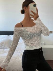 DAZY Solid Color Lace Slim Fit Open Shoulder Women's Blouse Festival Sheer,Fall Clothes Long Sleeve Top Off Shoulder Top - White - View 7