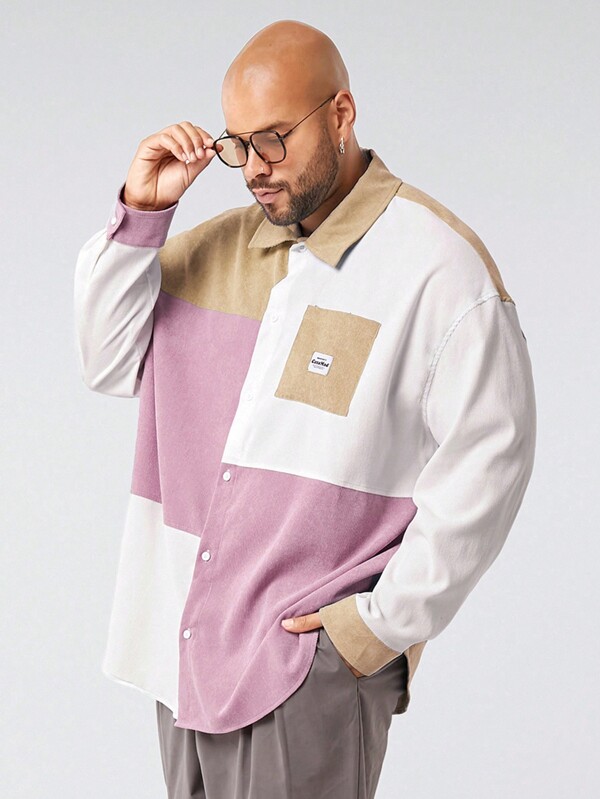 Manfinity NXTstreet Plus Size Men's Woven Casual Daily Young Loose Fit Multi-Color Patchwork Long Sleeve Shirt