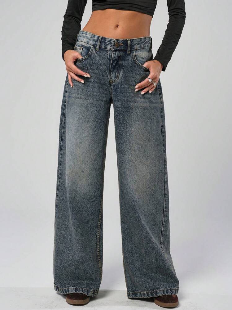 Jeans de pierna ancha, cintura baja, ajuste holgado, lavado vintage - Azul lavado medio - Ver 7