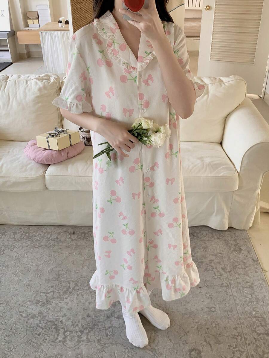SHEIN Leap Crew 少女可爱蝴蝶结和樱桃图案马球领宽松睡袍，适合室内和室外穿着