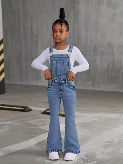 Tween Girl Vintage Washed Adjustable Strap Y2K Stretchy Denim Flared Pants, School, Campus, College Summer Holiday