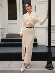 BizChic Women's Apricot Straight Skirt With Slit, Elegant Attire For Business, Casual, Office, Teacher , Spring/Summer - Khaki - View 1