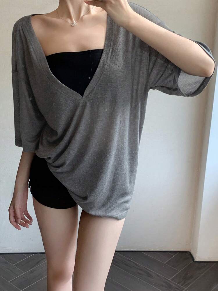 Loose Minimalist Deep V-Neck Long Short Sleeve Women T-Shirt Summer Preppy Tops Going Out Tops Women