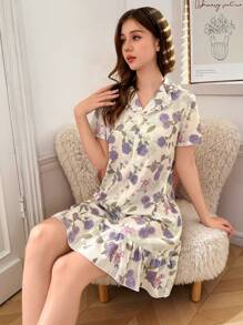 Teen Girl Elegant Floral Print Short Sleeve Maxi Nightgown Loungewear, Comfortable & Fashionable - Multicolor - View 6