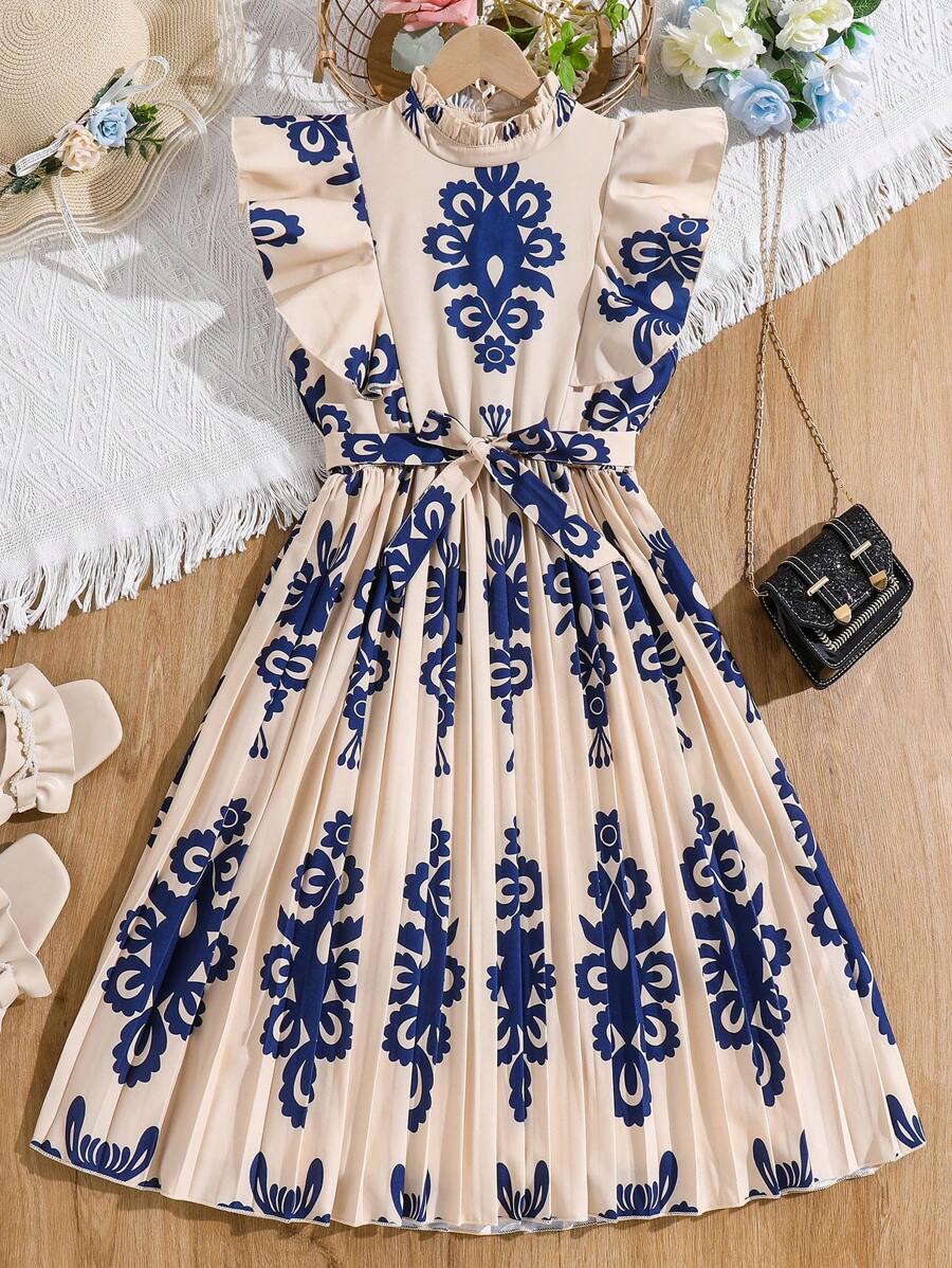 SHEIN Tween Girl Ruffle Hem Allover Print Front Tie Elegant Dress - Blue - View 1