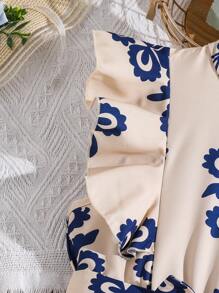 SHEIN Tween Girl Ruffle Hem Allover Print Front Tie Elegant Dress - Blue - View 4