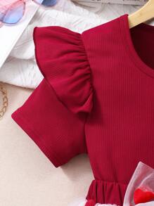 Tween Girls Solid Ribbed Top And Heart Net Skirt 2 Pieces Set - Red - View 7