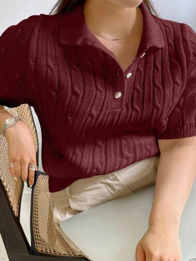 Dazy Plus Christmas Plus Size Chinese New Year - Fitted Burgundy Color Ribbed Polo Collar Short Sleeve Knit Top, Spring/Summer