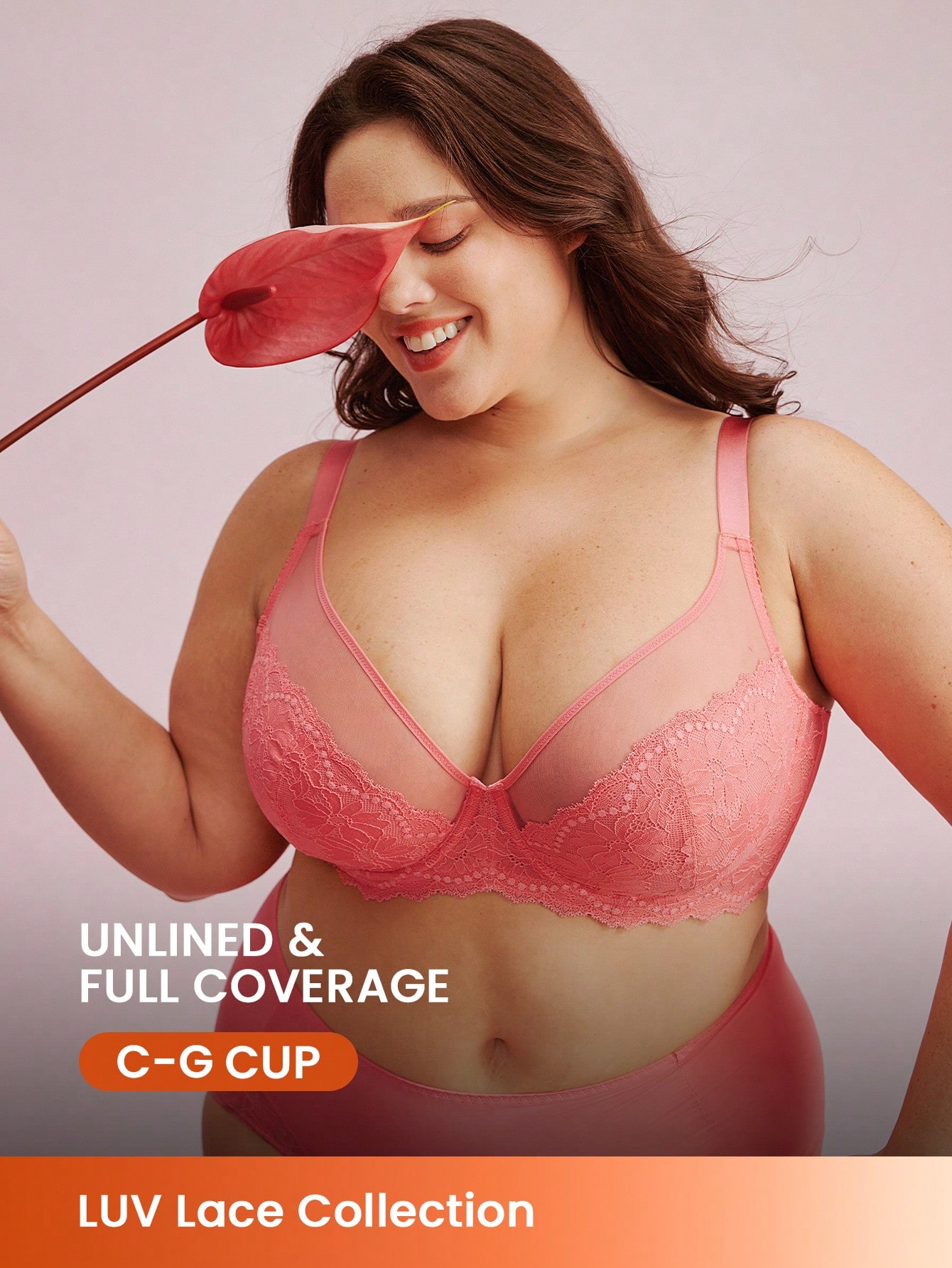 Damen Große Größen Lingerie Lounge Kurve transparente Volldeckung mit Unterstützung & atmungsaktiv Unterbügel Sexy ungepolsterter Minimizer Spitze Eleganz & Mesh rosa BH Braut Wäsche